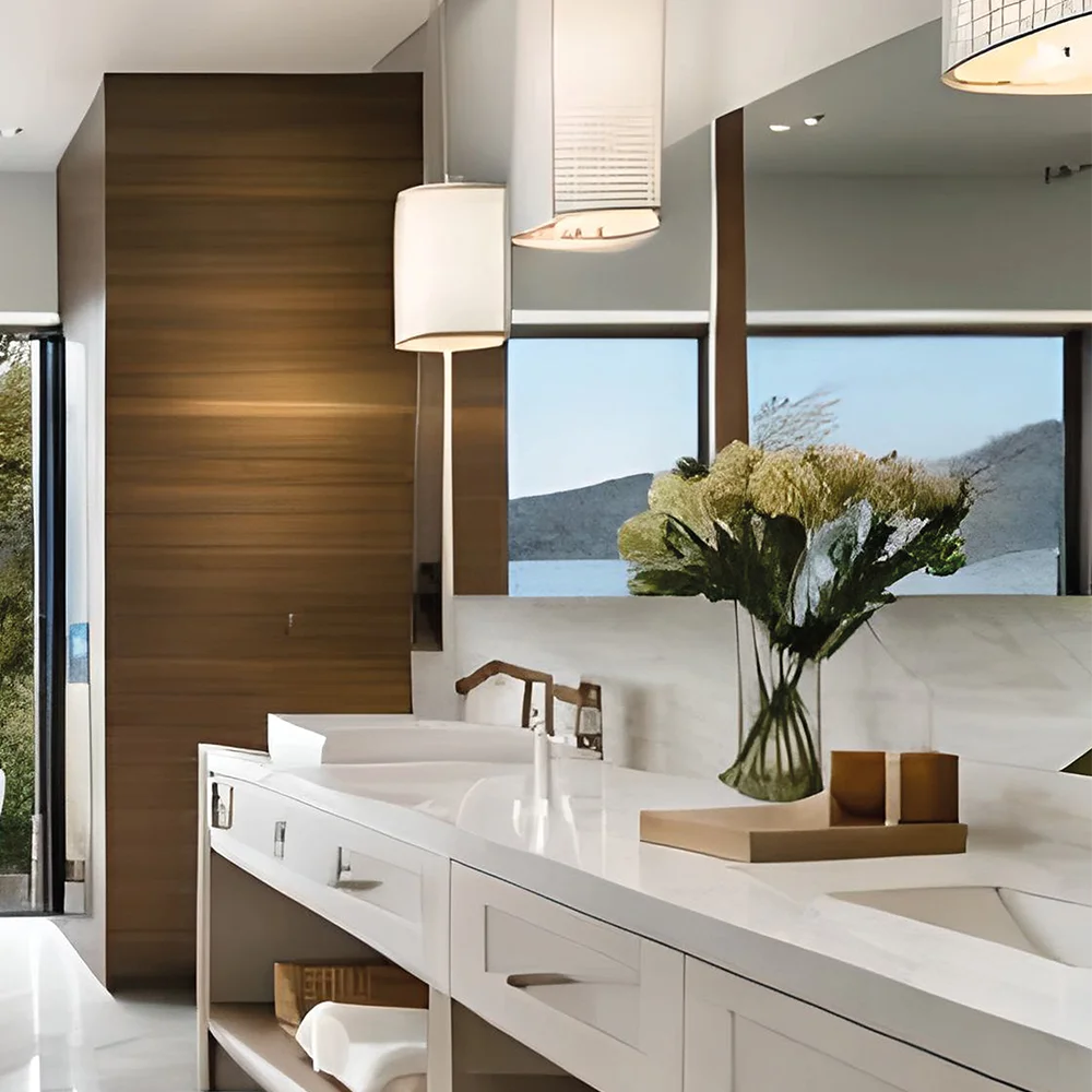 Elegant bathroom mirror with crystal glass surface enhances bathroom decor and lighting.