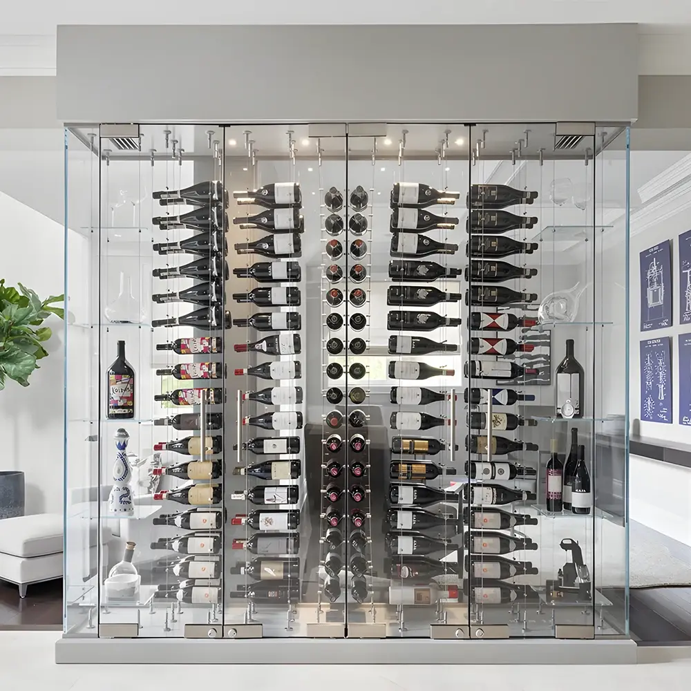 Elegant glass wine storage with sleek metal racks and ambient lighting.