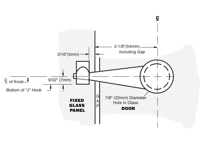 Detailed door and fixture installation diagram for custom glass mirrors.
