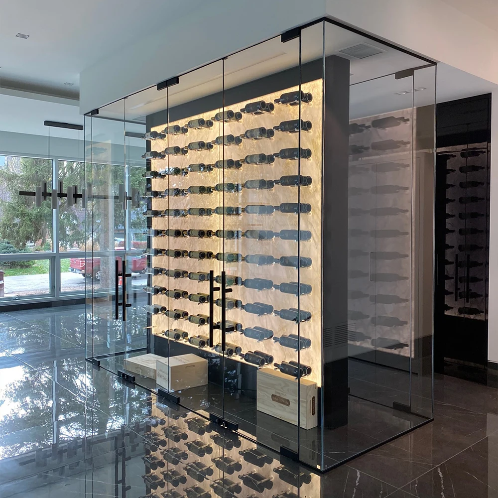 Elegant glass-enclosed wine storage with LED lighting.