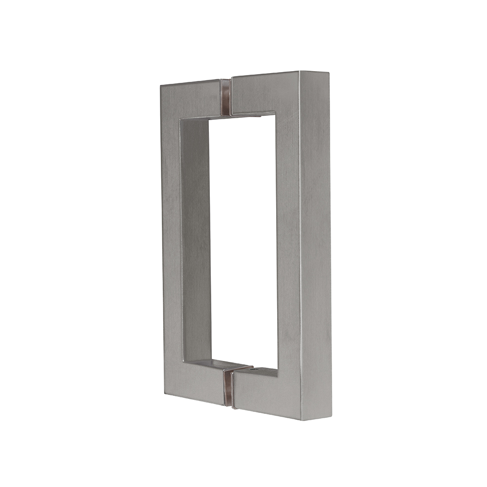 Sleek stainless steel glass door handle for elegant bathroom or commercial doors.
