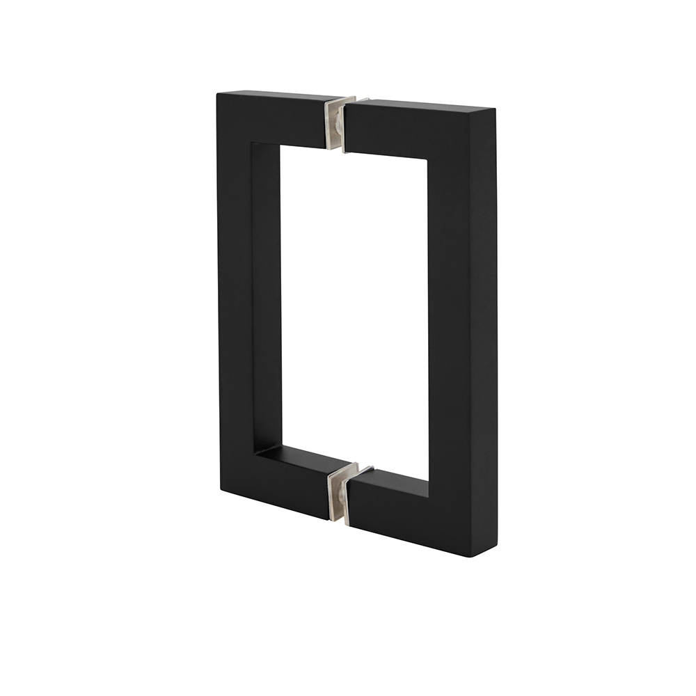 Black glass door handle with stylish metal accents for modern home or office entry doors.