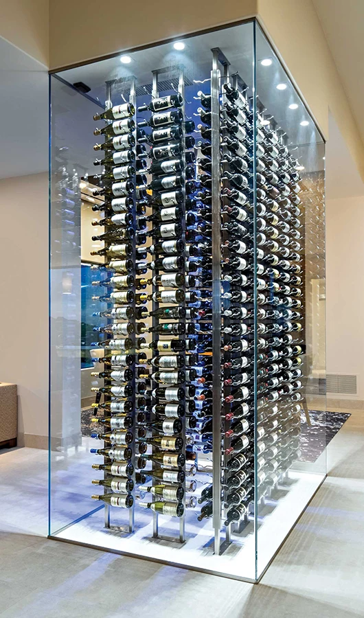 High-quality glass wine storage in a modern glass-and-metal enclosure.
