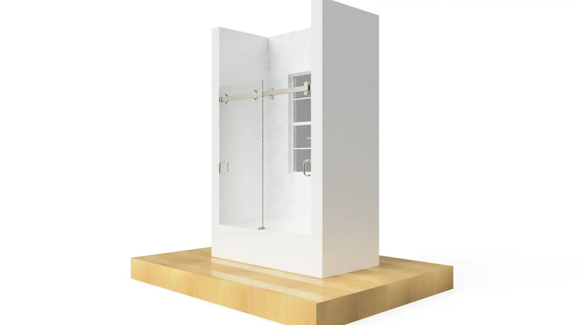 Modern clear glass shower door with brushed metal handles.