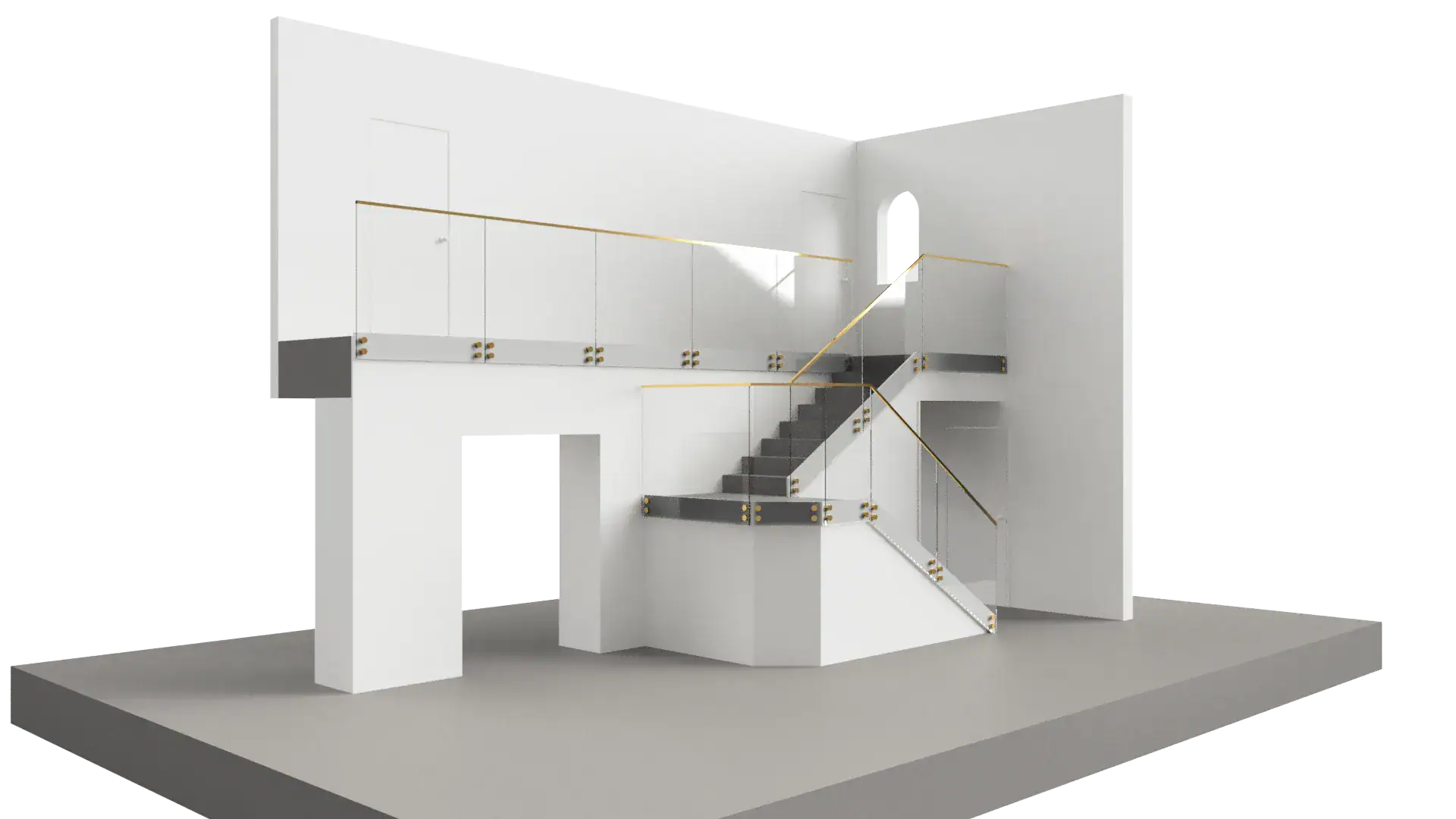 Stunning glass staircase featuring sleek glass railings and minimalist aesthetic.