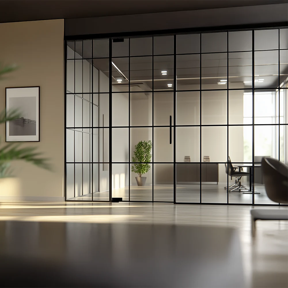 Elegant glass office door with black metal grid accents, modern and stylish for professional spaces.