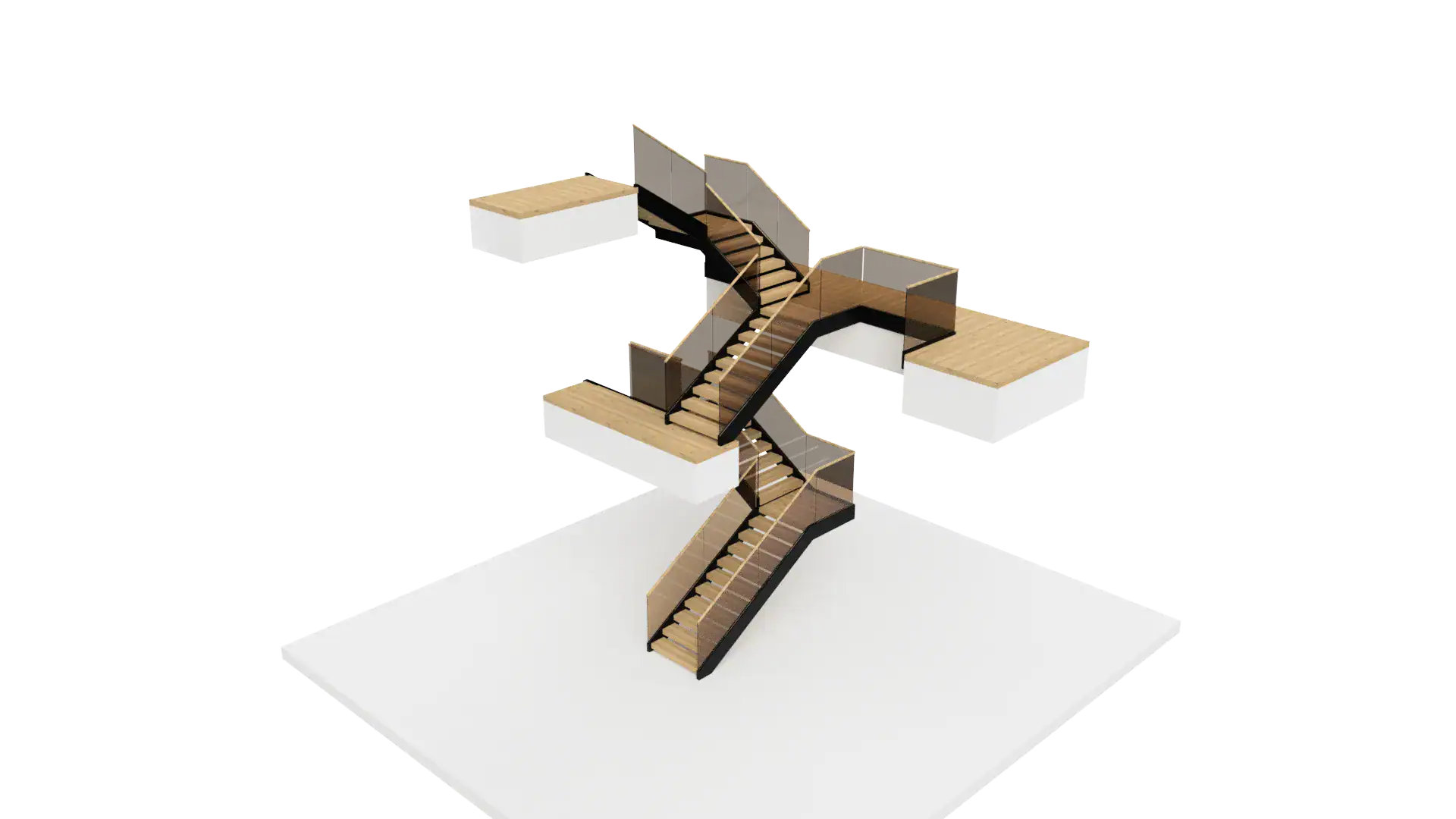 Modern glass staircase featuring wooden steps and sleek black accents for stylish interiors.