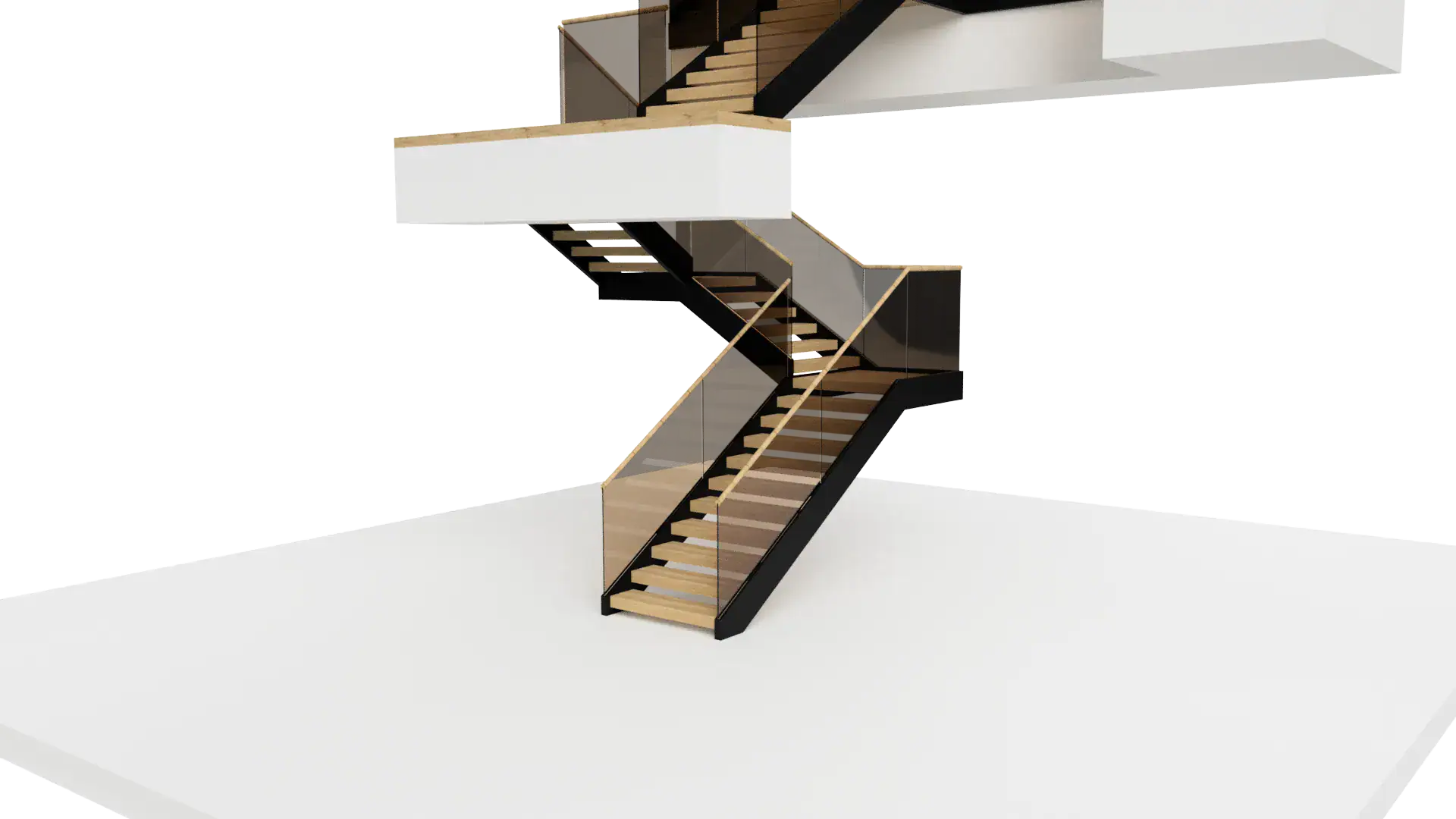 Staircase featuring glass panels, wood steps, and contemporary design elements for stylish interiors.