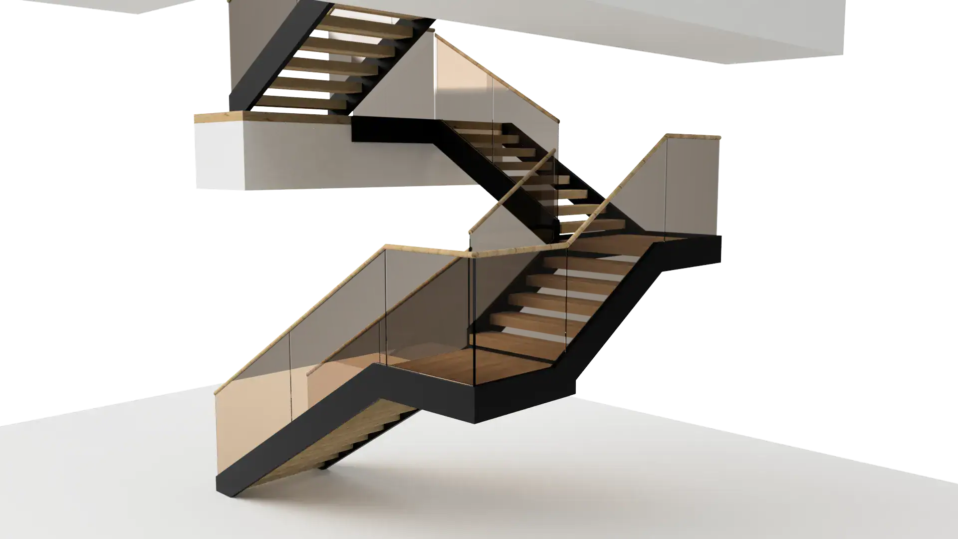 Stylish glass staircase featuring black metal structure and clear glass railings, ideal for contemporary interiors.