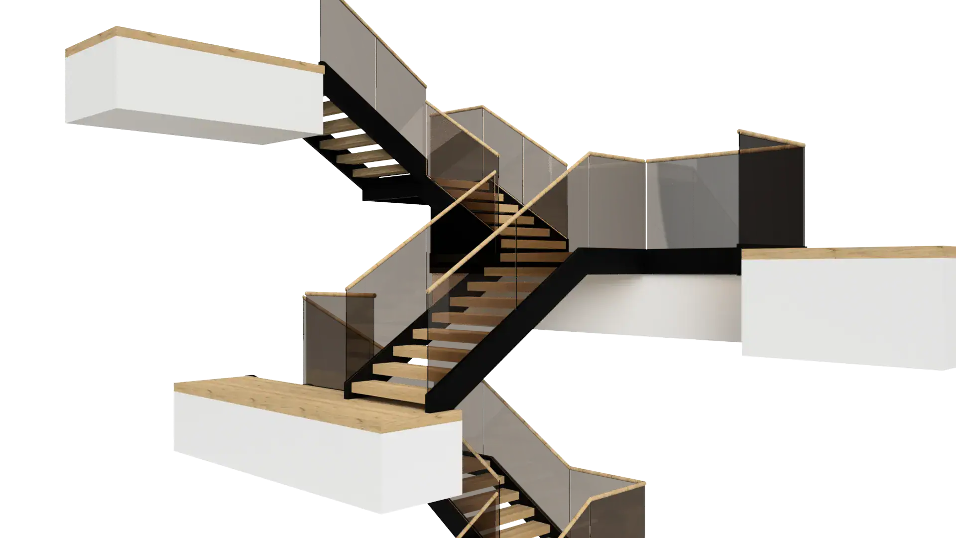 Modern glass staircase with sleek mirrors and wooden handrails for upscale interiors.