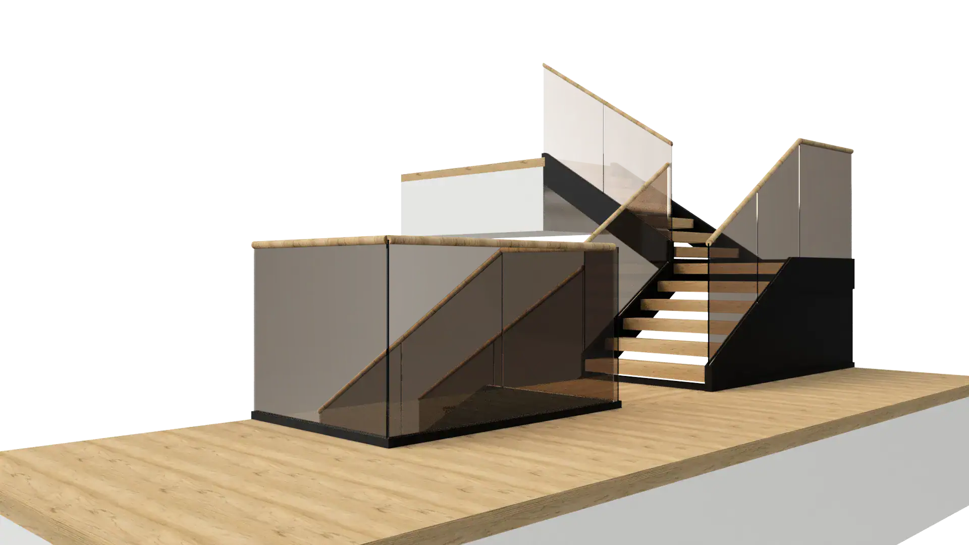 Stunning glass staircase featuring mirrors and modern design with wood accents.