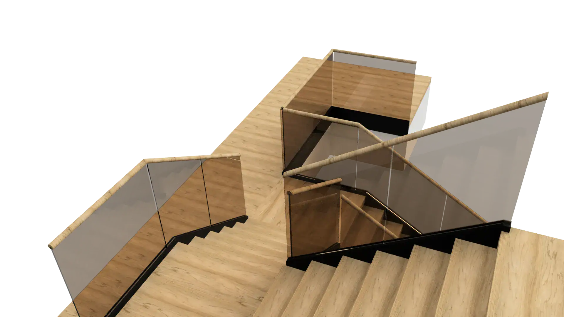 Staircase featuring glass panels, wooden handrails, and sleek design for contemporary interiors.