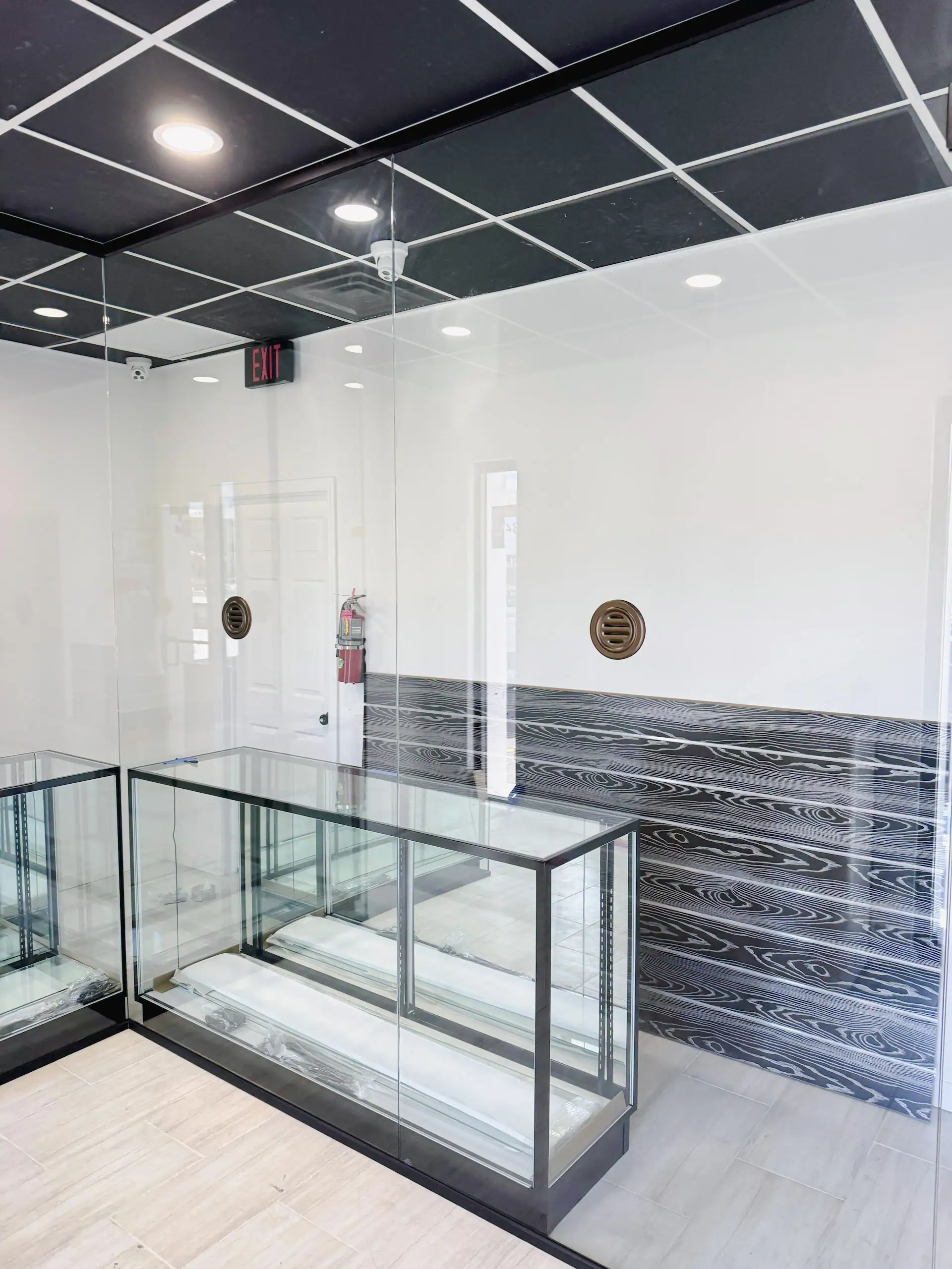 High-quality glass display cases for retail or showroom use.