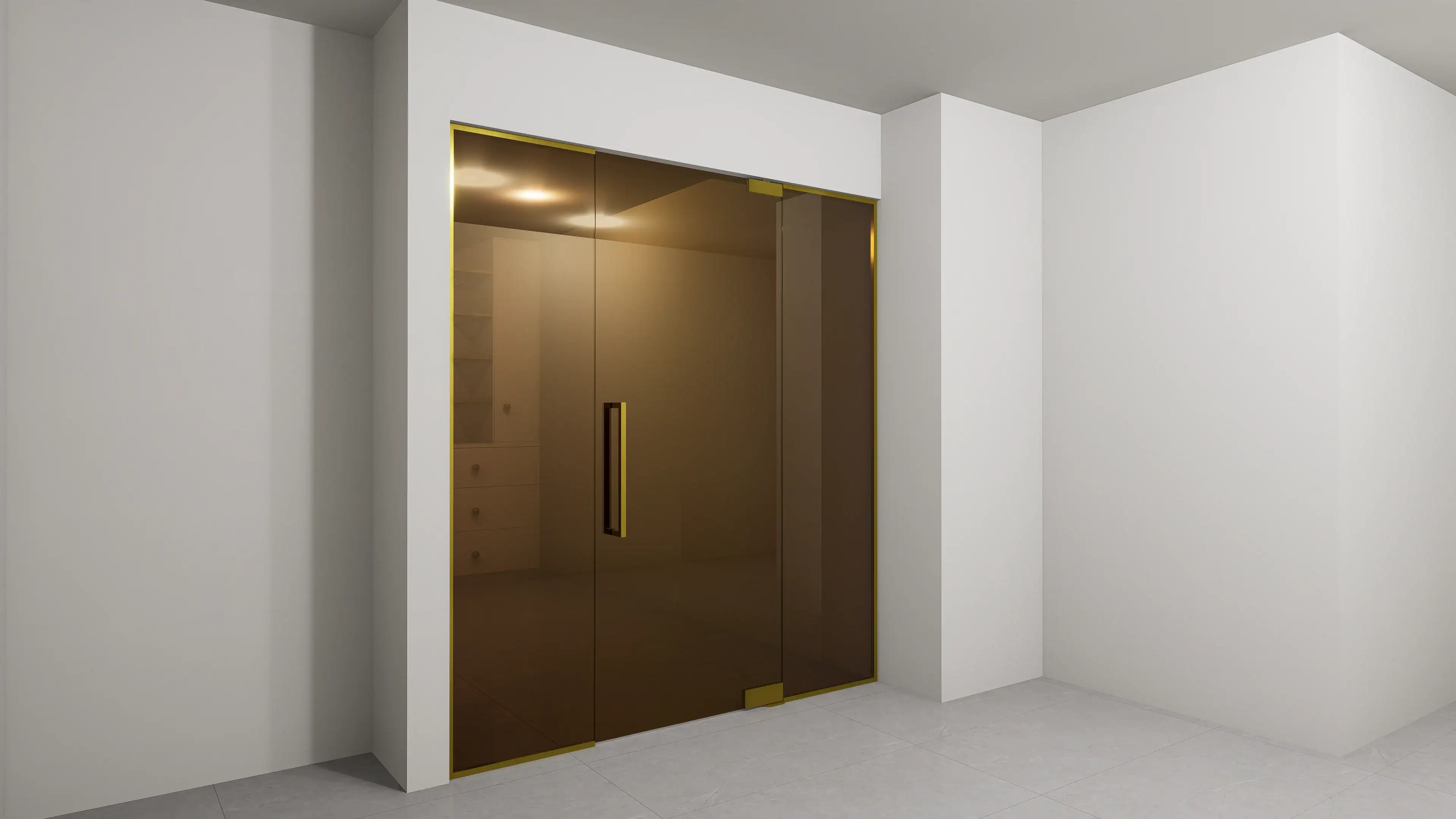 Reflective glass door with gold trim, modern design for interior spaces.