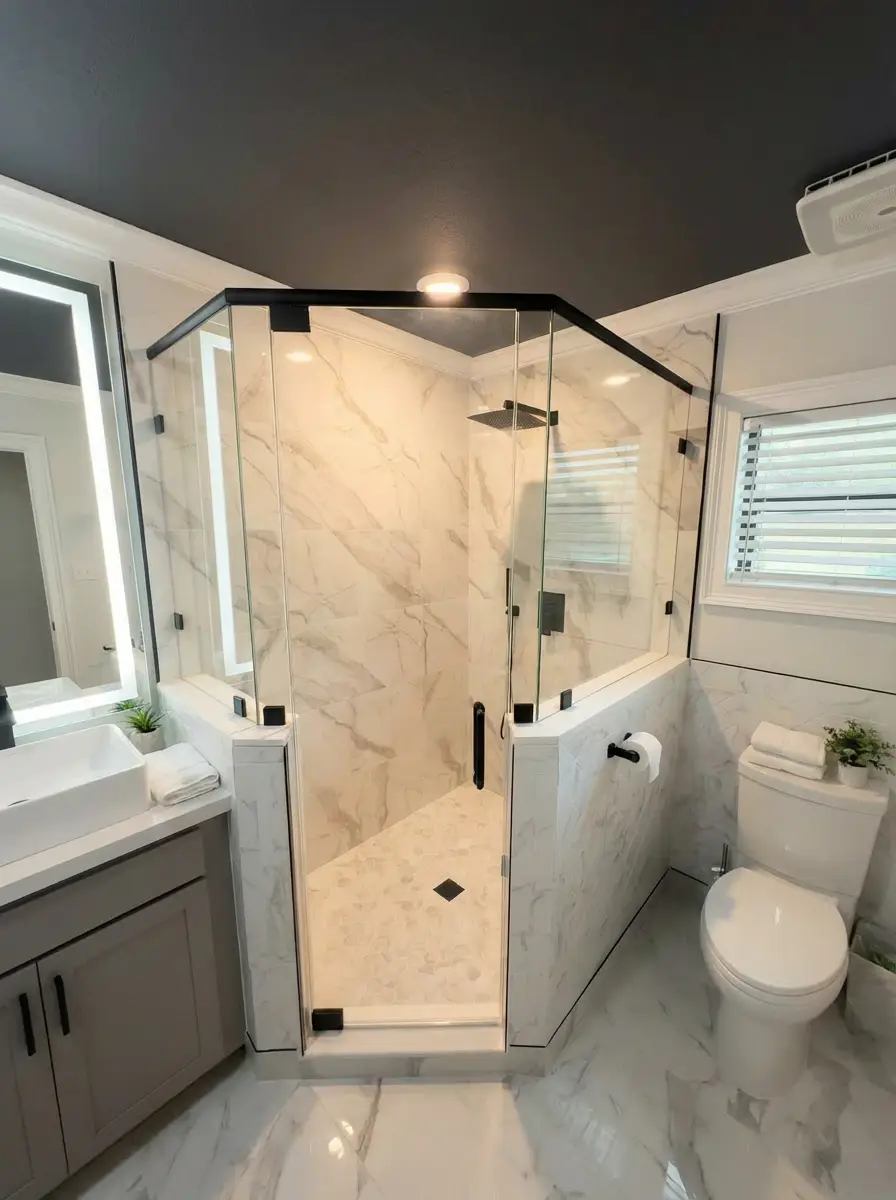 Stunning glass shower door and wall tiles in modern bathroom design.