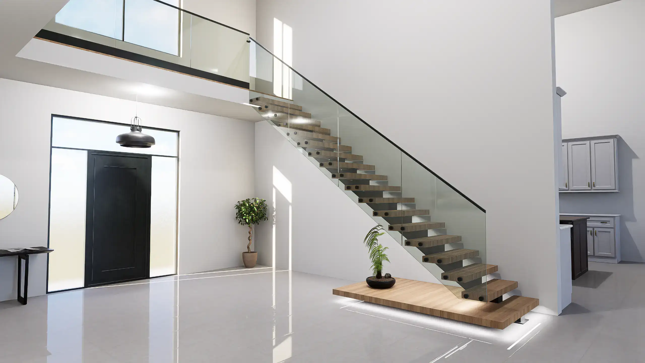 Stunning glass staircase with wooden steps and modern glass railing in contemporary home.