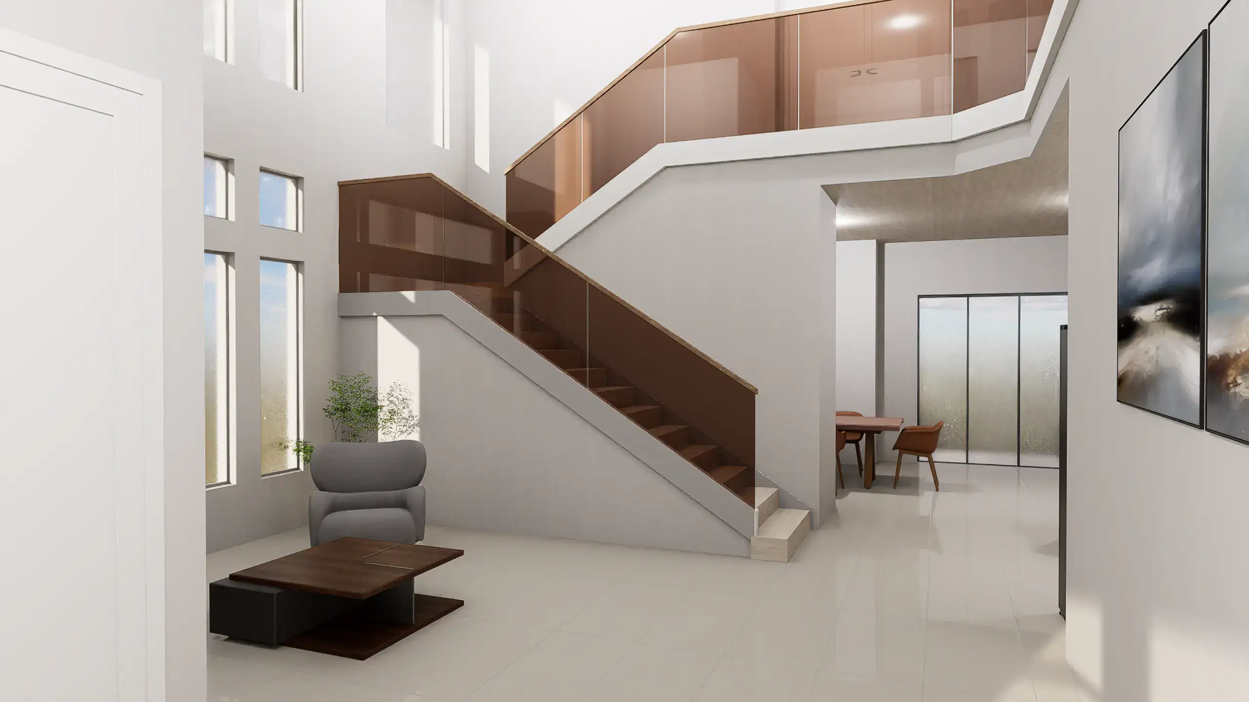 Bright contemporary home with glass and mirror accents in living space.