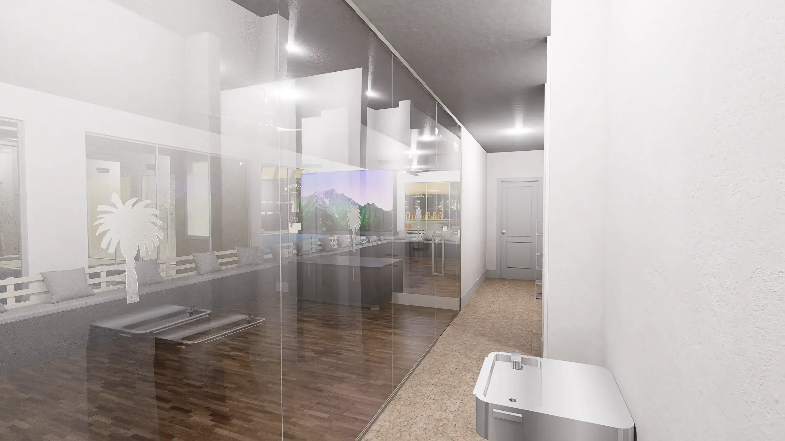 Elegant glass wall with mirror accents in a modern interior space.