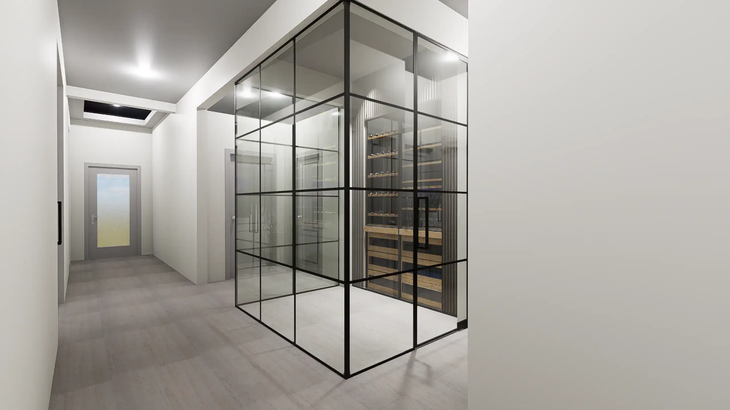 Elegant glass partition with black metal frame in contemporary home interior.