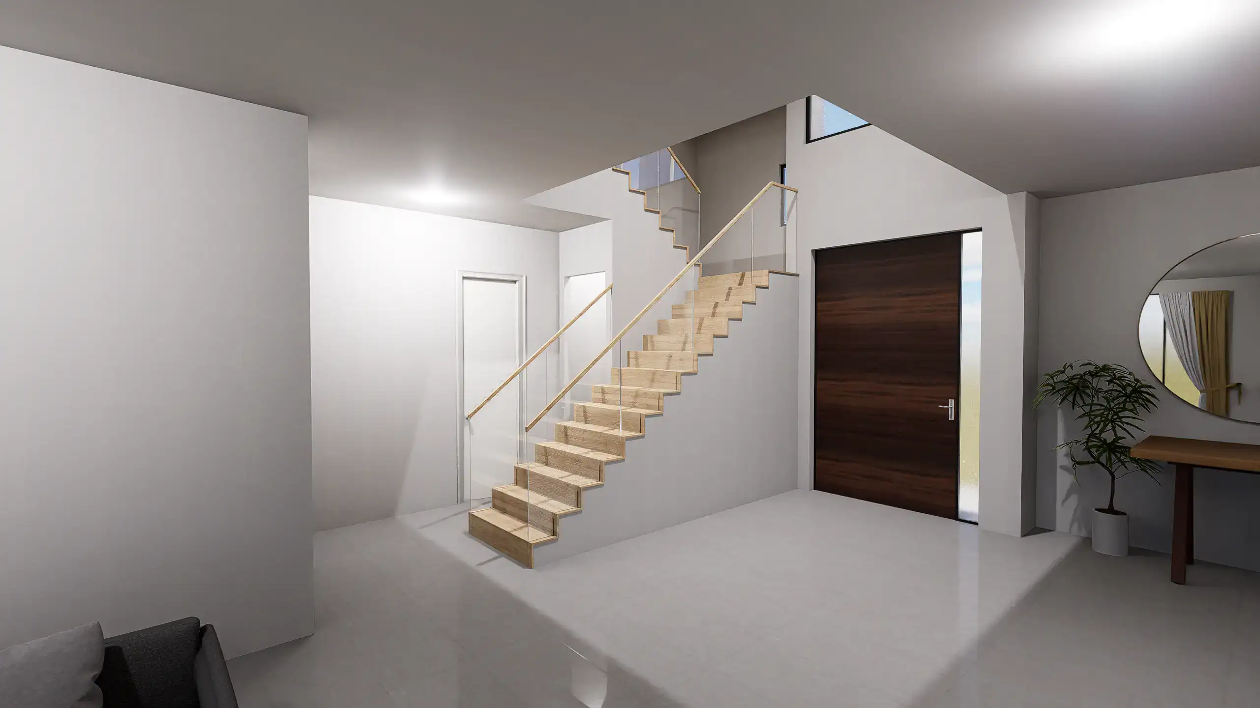 Interior view of a modern home with a wooden staircase and a round mirror on the wall.